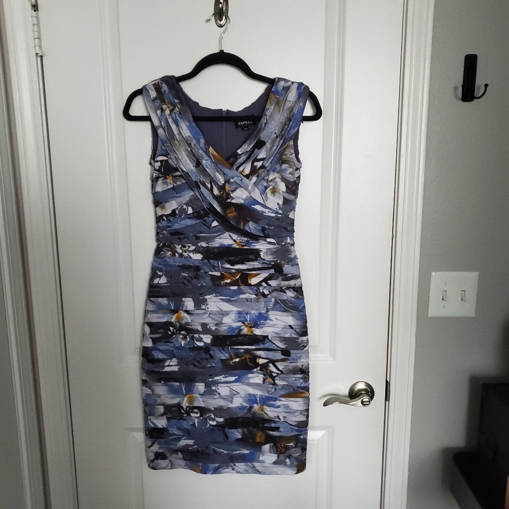 Adrianna Papell Blue Pleated Cocktail Dress.